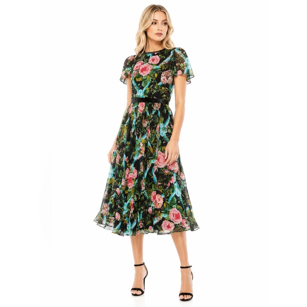 Mac Duggal Floral Illusion Cap Sleeve Midi Dress Black Multi Sheer NWT Size 4 - Picture 3 of 10